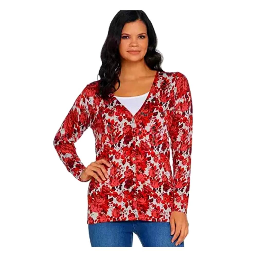 Quacker Factory Sweater Cardigan Womens Medium Christmas Floral Gem Buttons Rose
